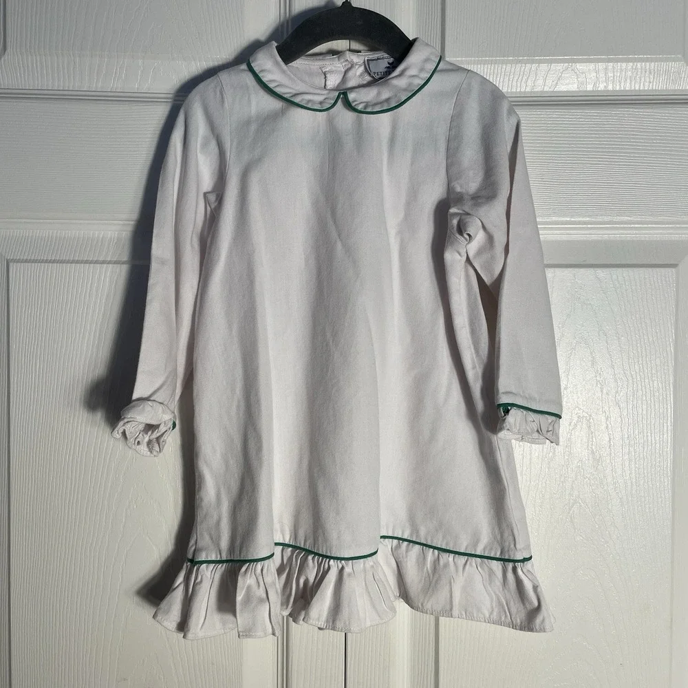 Petite Plume Twill Sophia Nightgown Girls 2 White Green Piping‎ Peter Pan Collar